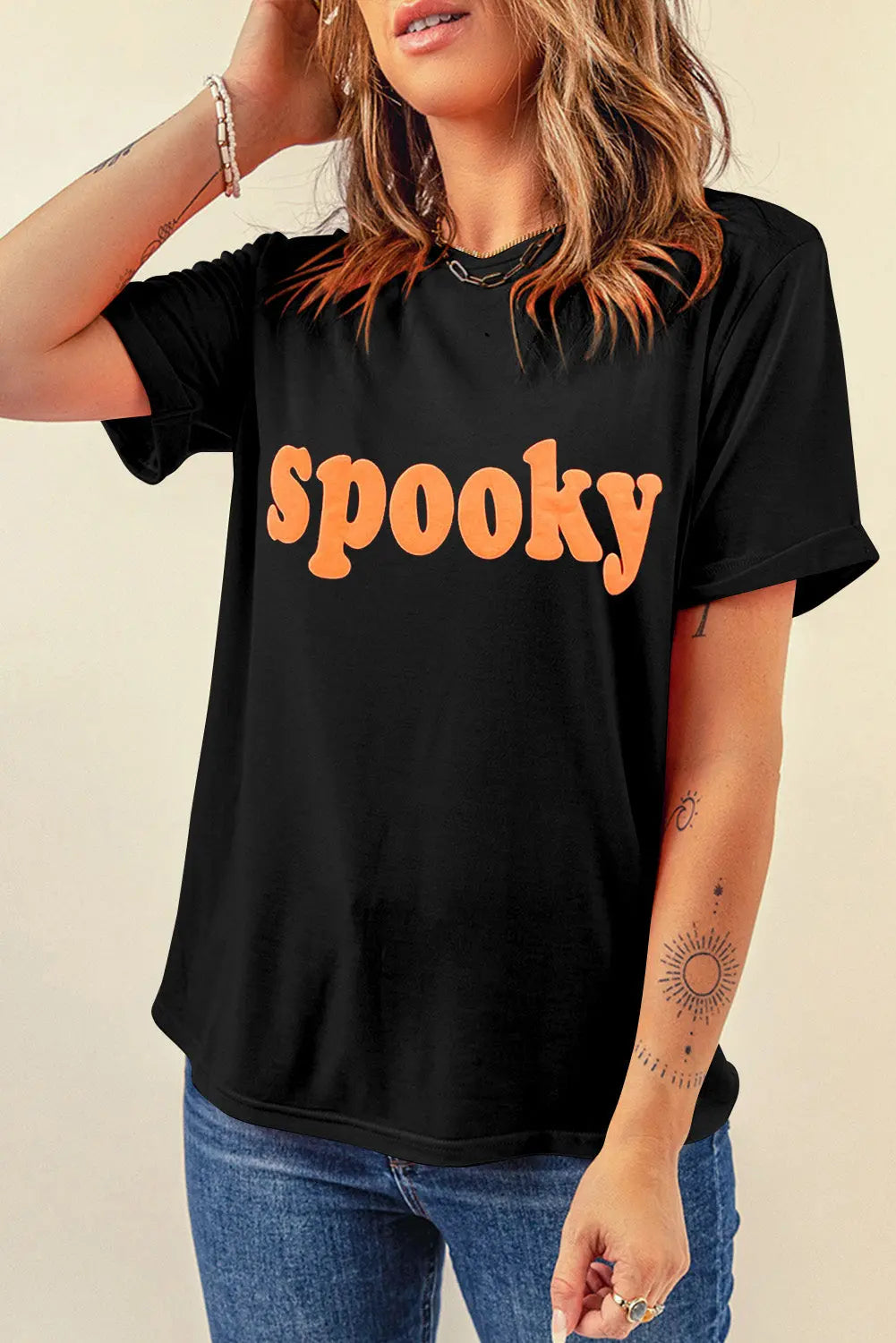 SPOOKY Round Neck Short Sleeve T-Shirt Trendsi