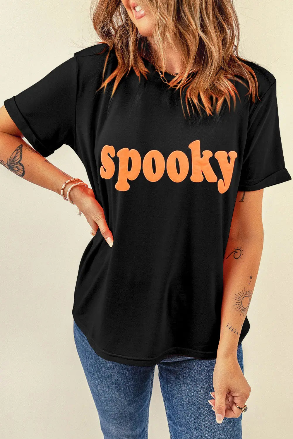 SPOOKY Round Neck Short Sleeve T-Shirt Trendsi