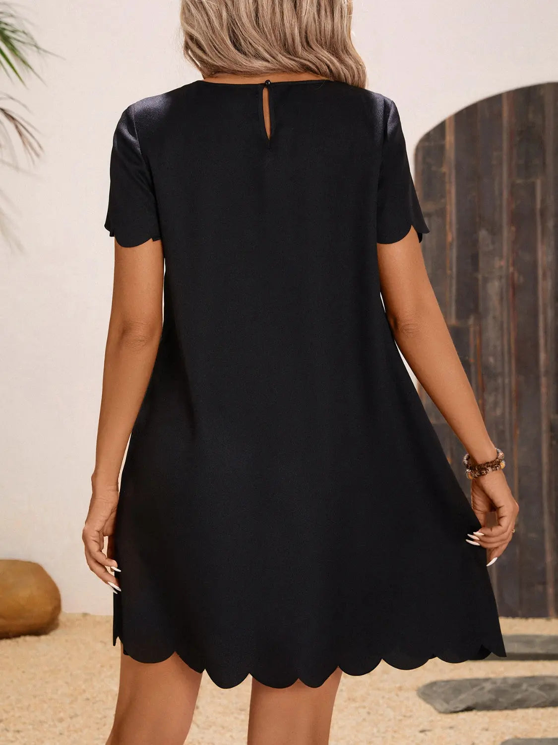 Scalloped Hem Round Neck Short Sleeve Dress Trendsi