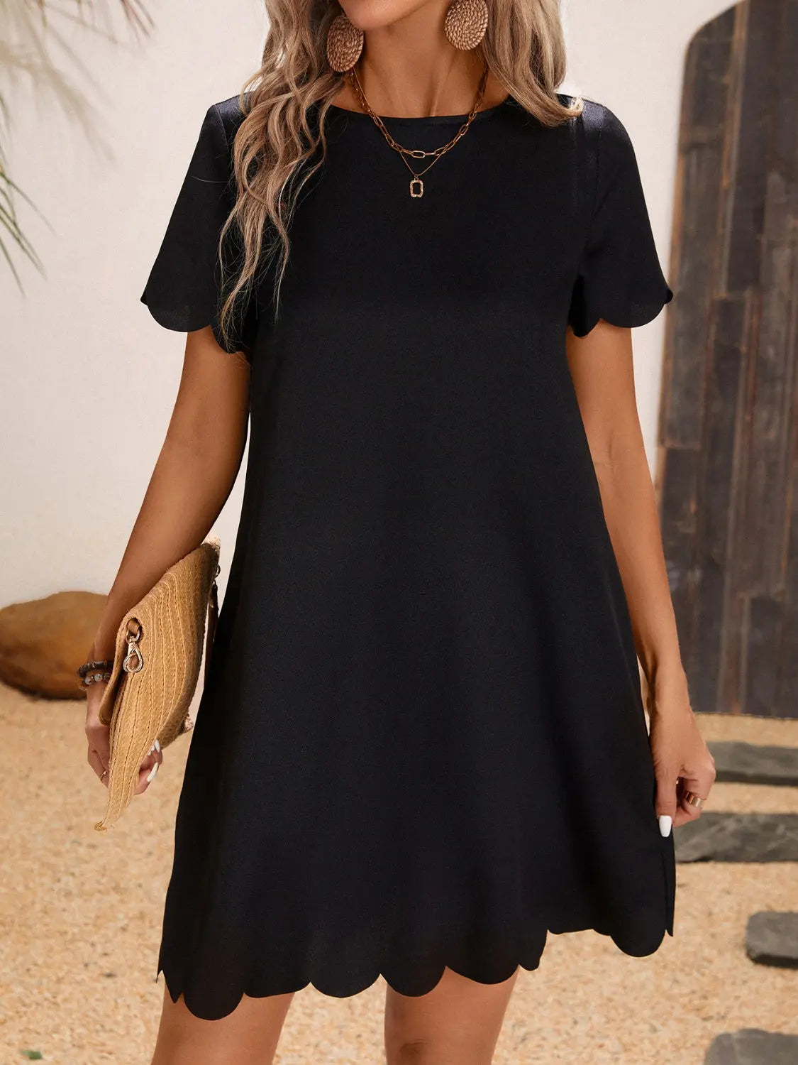 Scalloped Hem Round Neck Short Sleeve Dress Trendsi