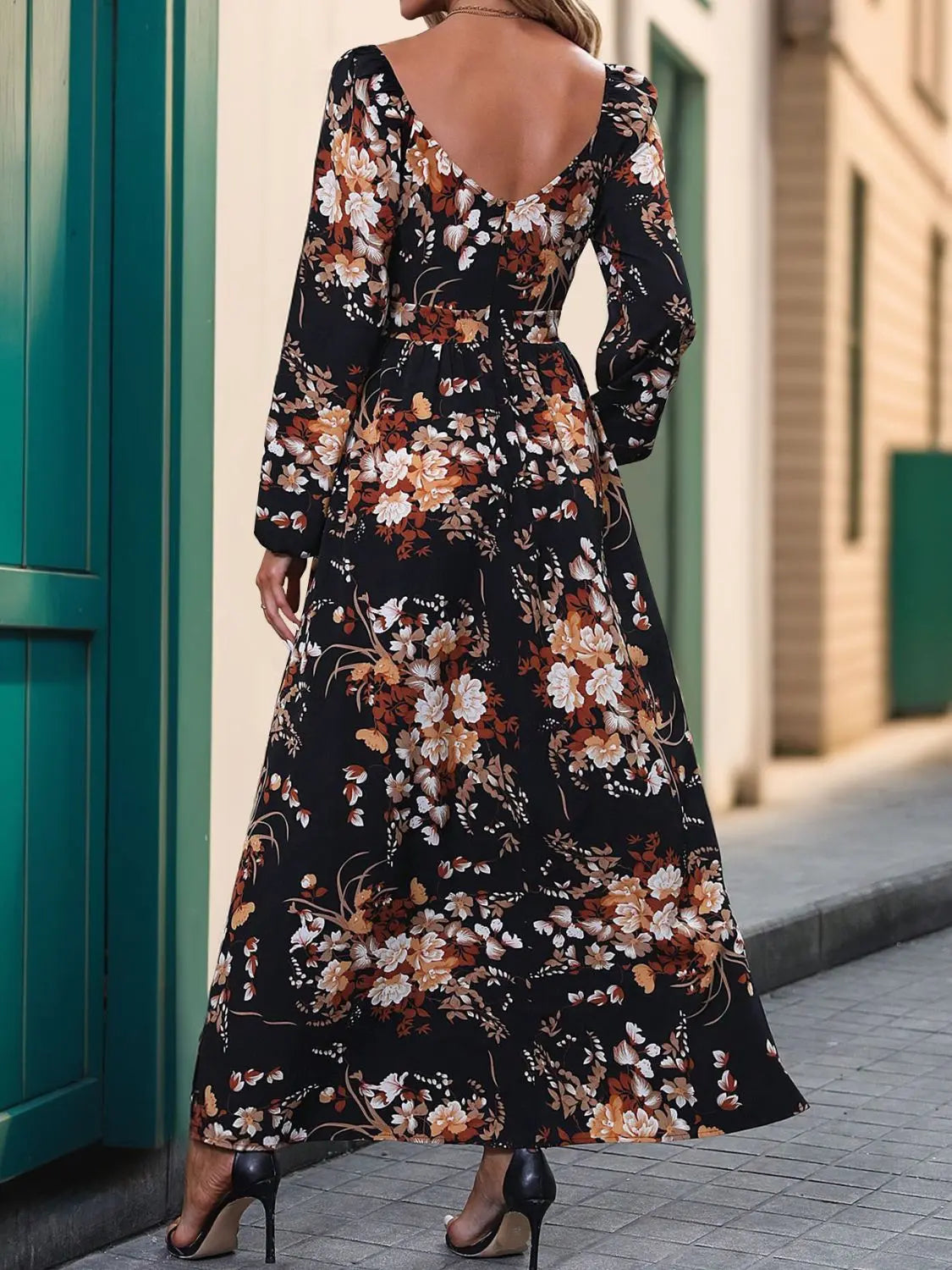 Slit Printed Surplice Long Sleeve Maxi Dress Trendsi