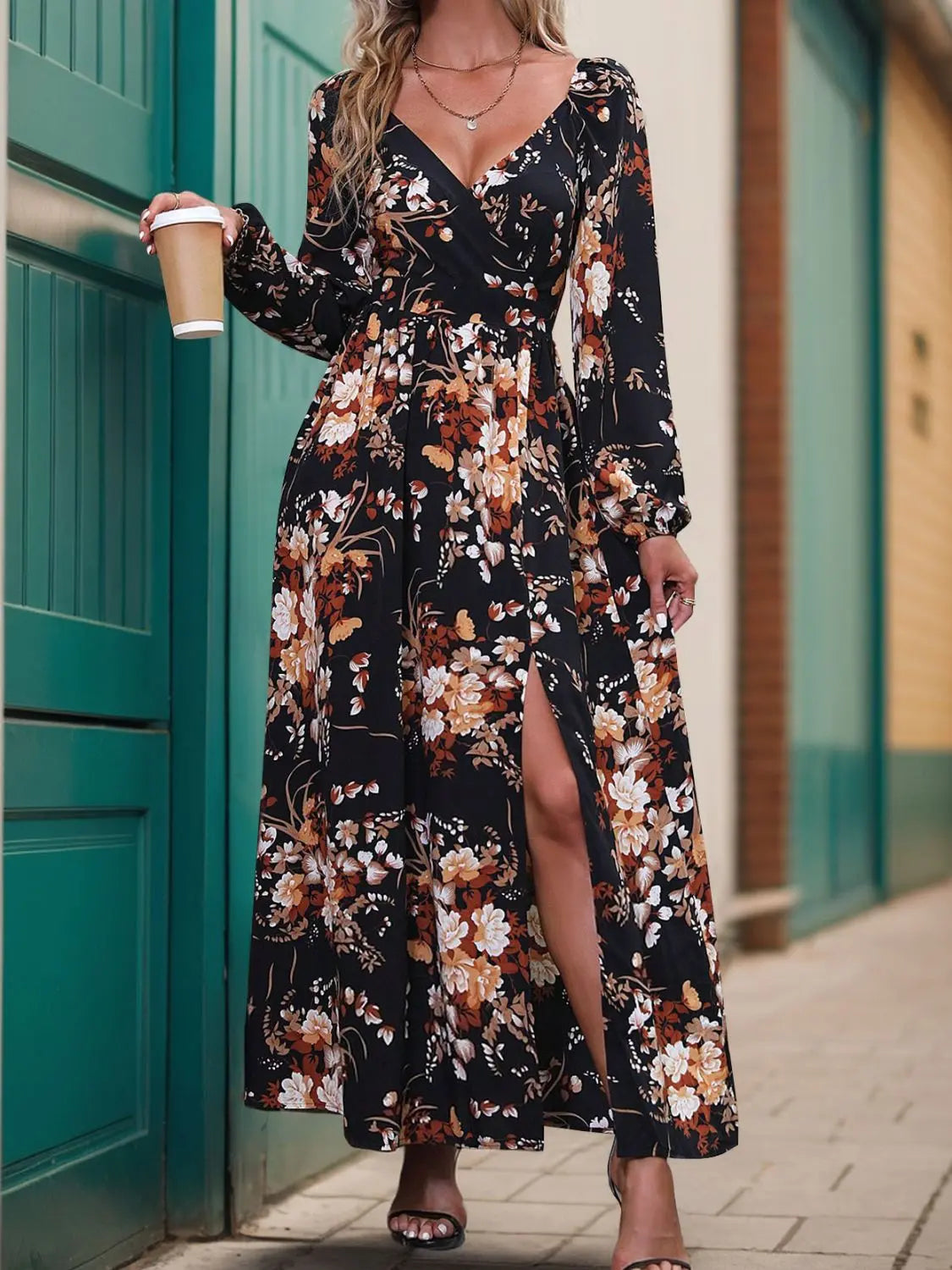 Slit Printed Surplice Long Sleeve Maxi Dress Trendsi