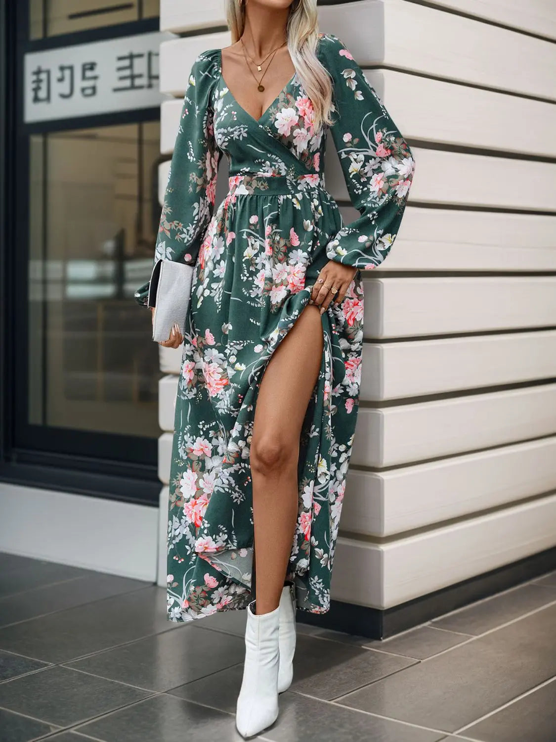 Slit Printed Surplice Long Sleeve Maxi Dress Trendsi