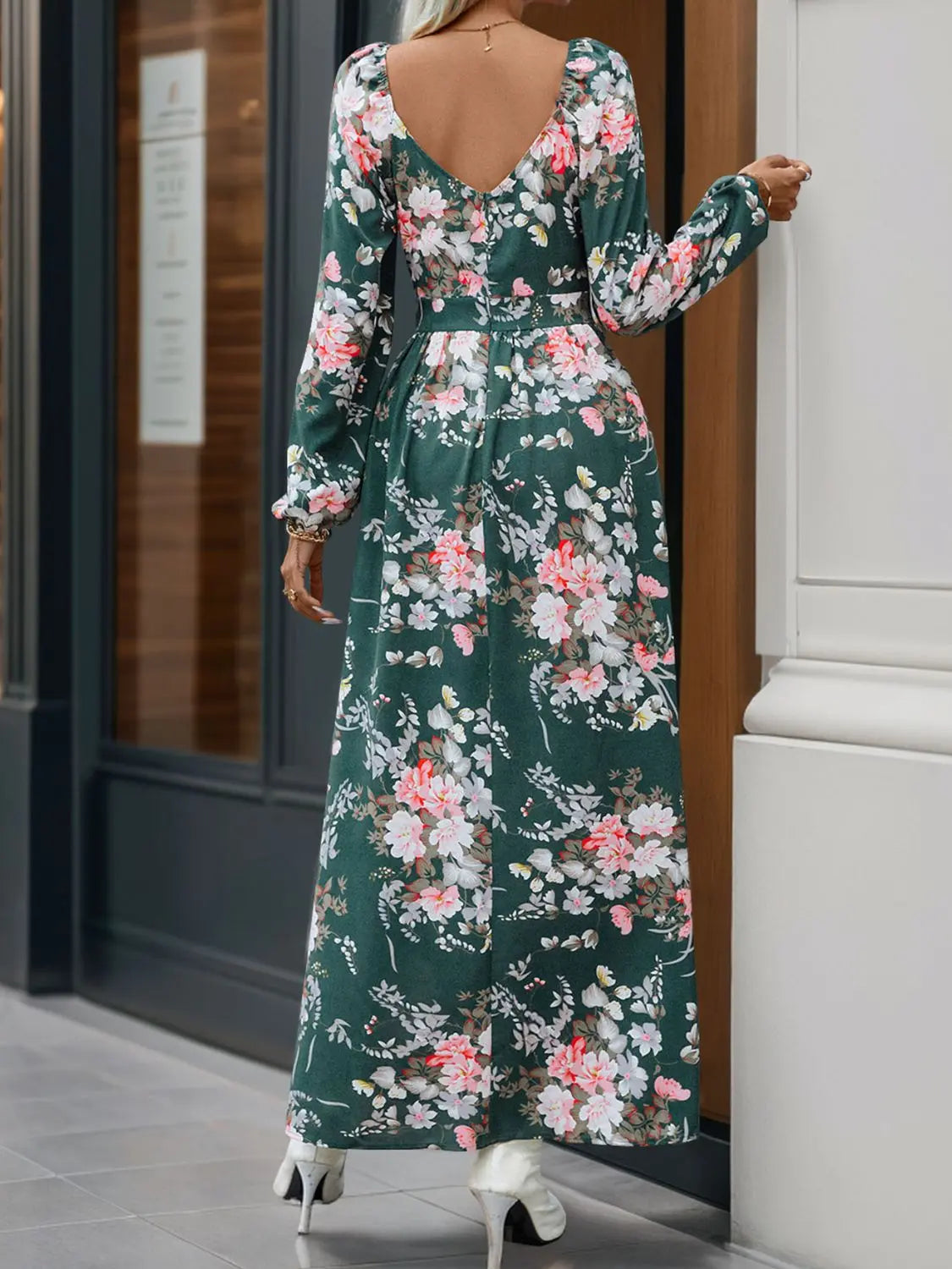 Slit Printed Surplice Long Sleeve Maxi Dress Trendsi