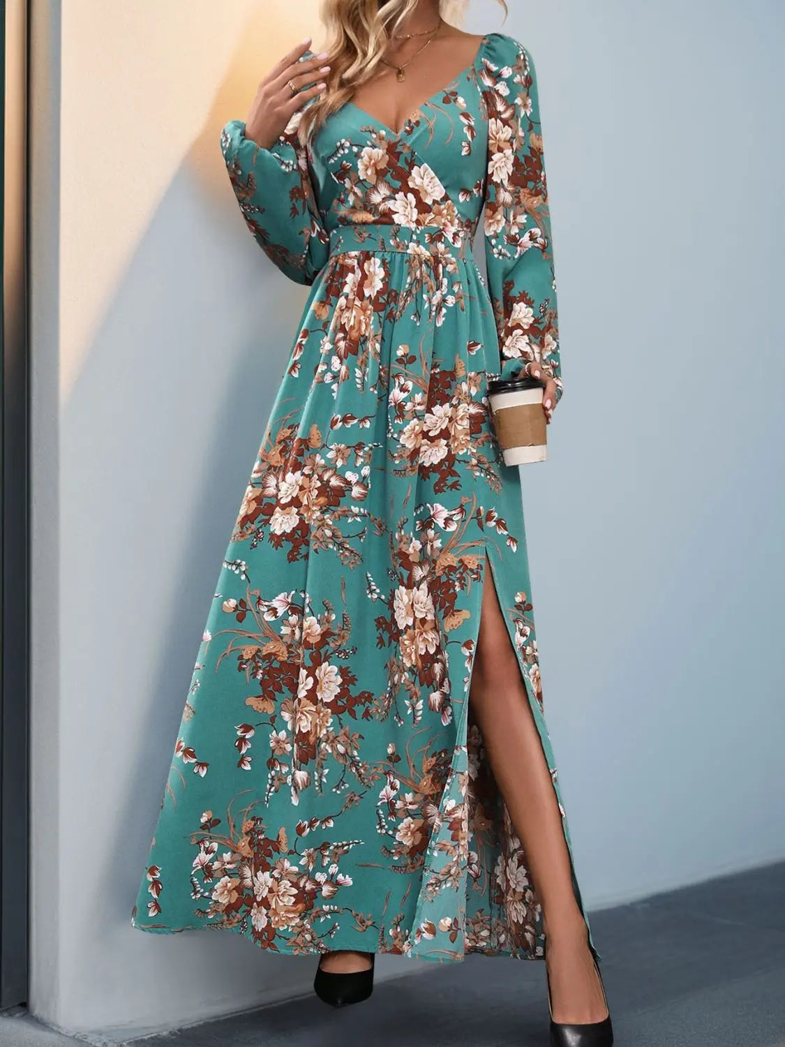 Slit Printed Surplice Long Sleeve Maxi Dress Trendsi