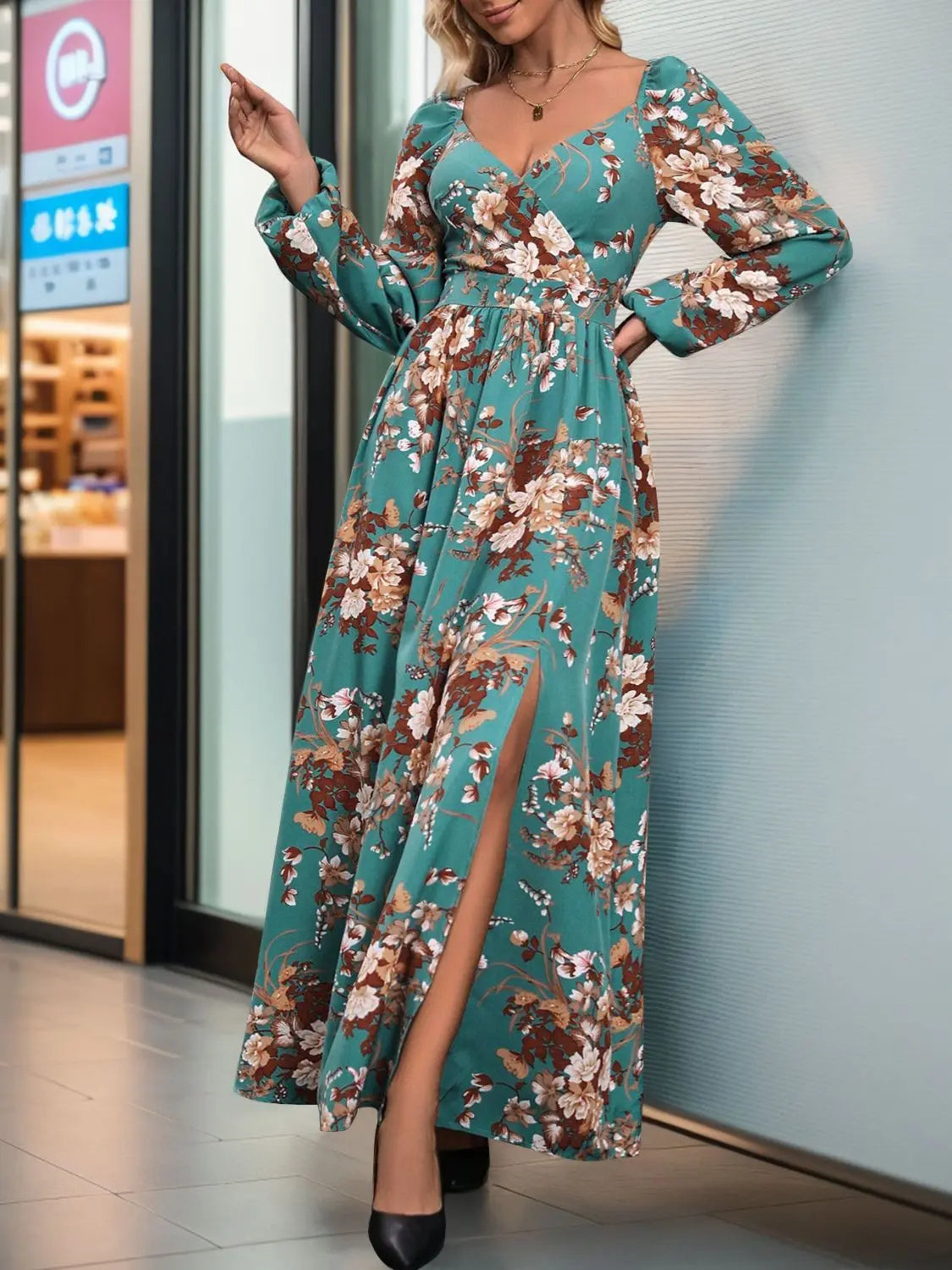 Slit Printed Surplice Long Sleeve Maxi Dress Trendsi