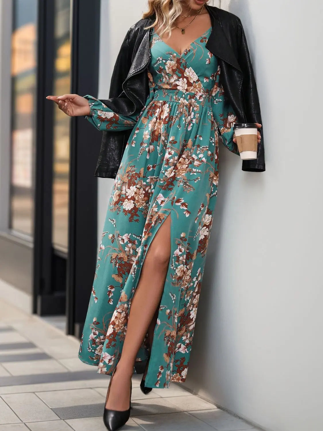 Slit Printed Surplice Long Sleeve Maxi Dress Trendsi