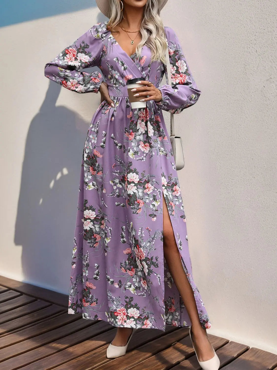 Slit Printed Surplice Long Sleeve Maxi Dress Trendsi