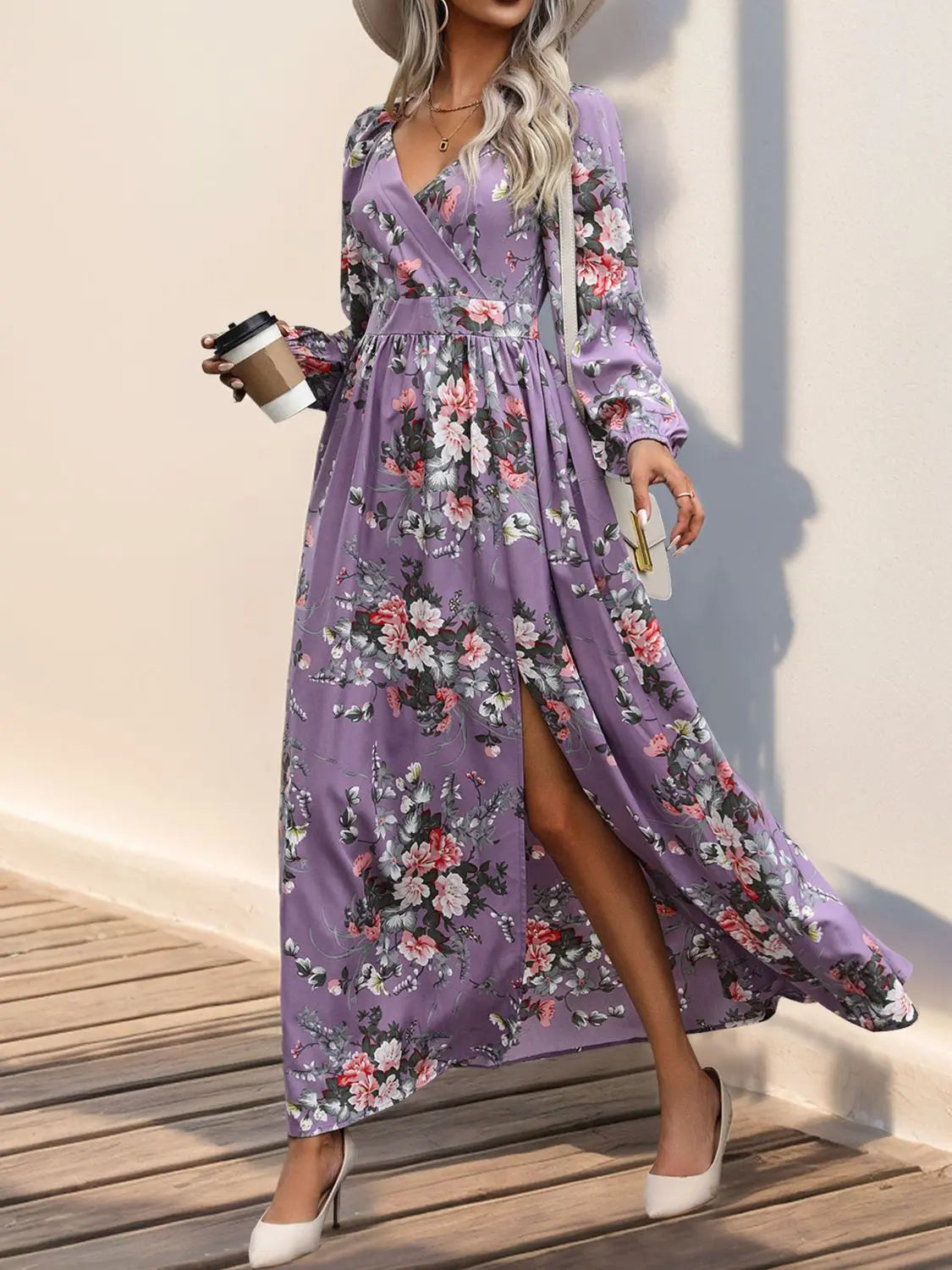 Slit Printed Surplice Long Sleeve Maxi Dress Trendsi