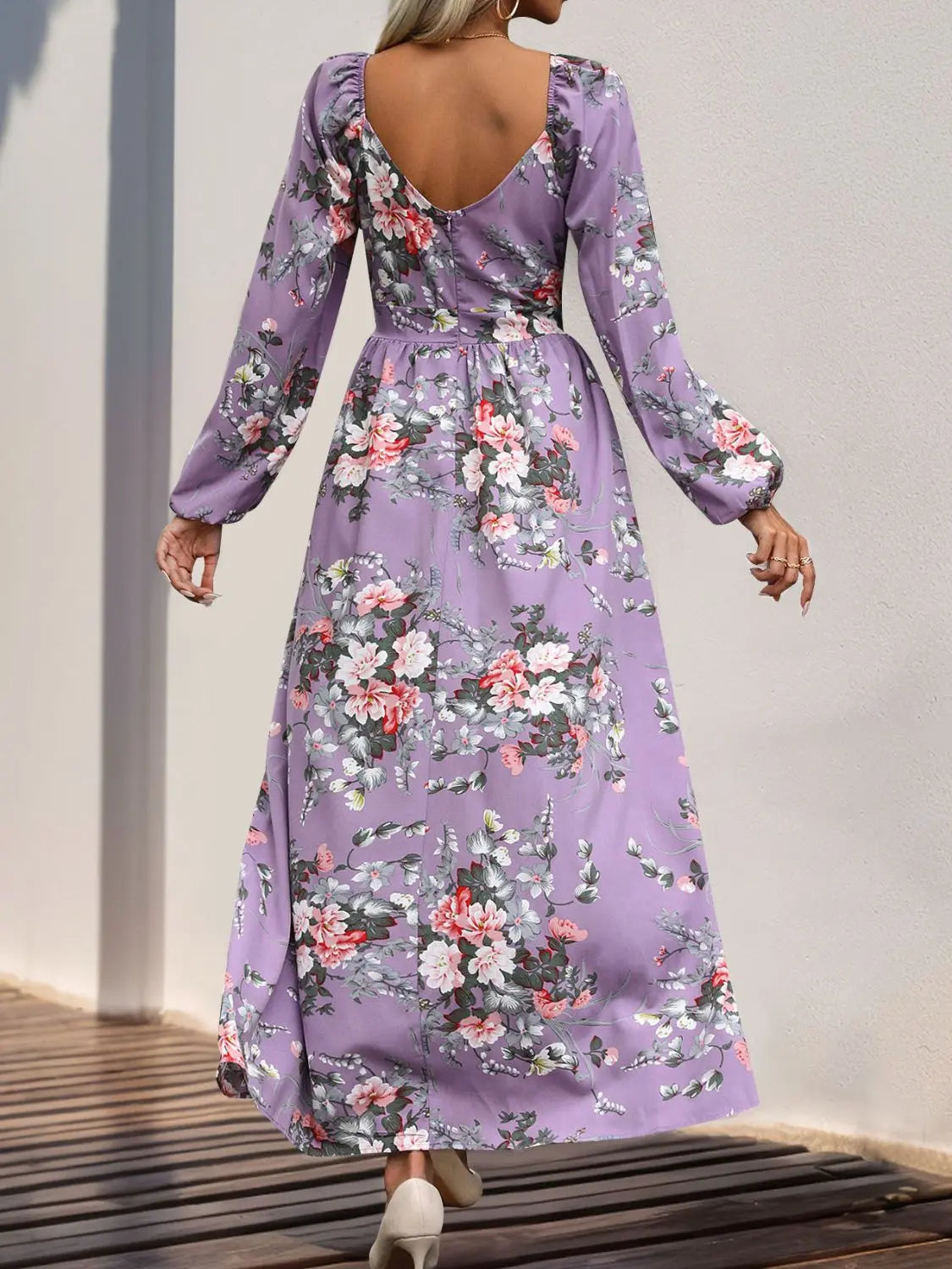 Slit Printed Surplice Long Sleeve Maxi Dress Trendsi