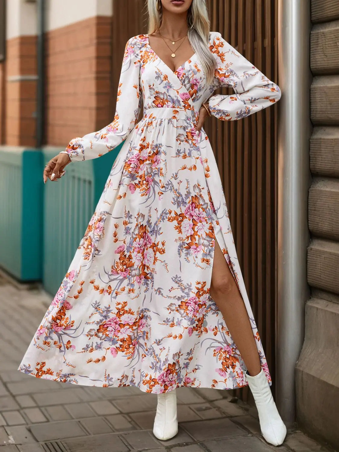 Slit Printed Surplice Long Sleeve Maxi Dress Trendsi