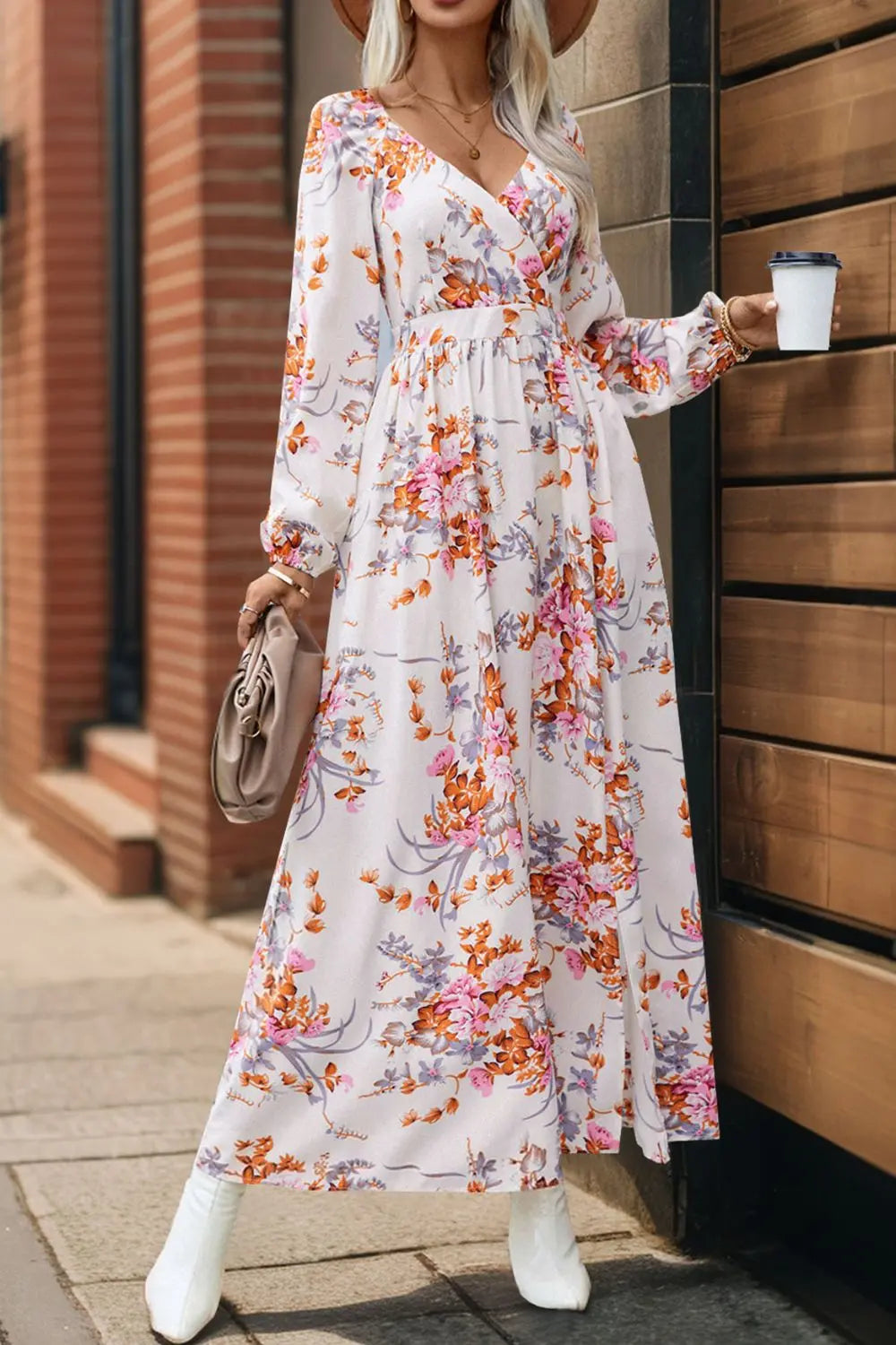 Slit Printed Surplice Long Sleeve Maxi Dress Trendsi