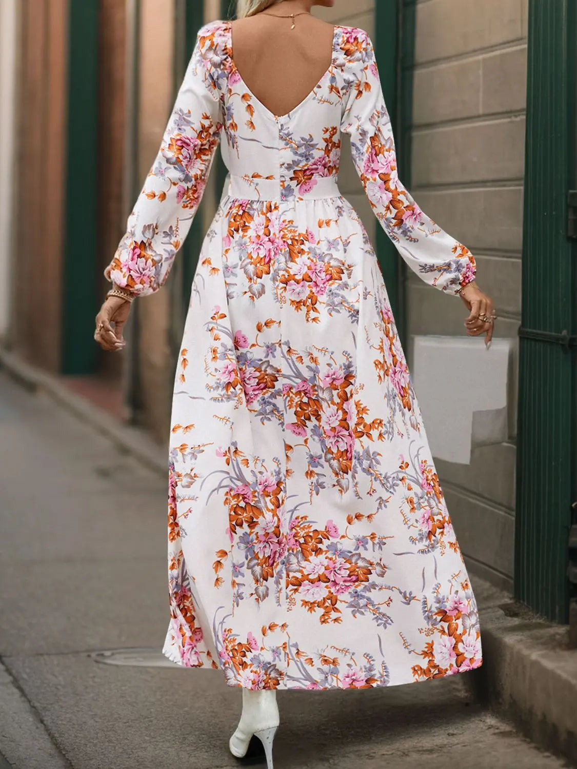 Slit Printed Surplice Long Sleeve Maxi Dress Trendsi