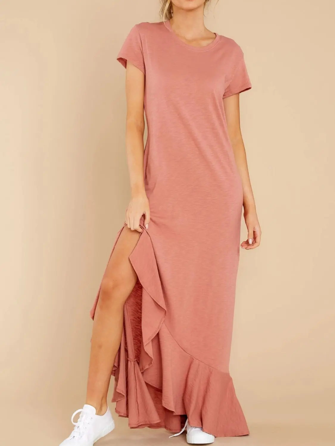 Slit Round Neck Short Sleeve Maxi Dress Trendsi