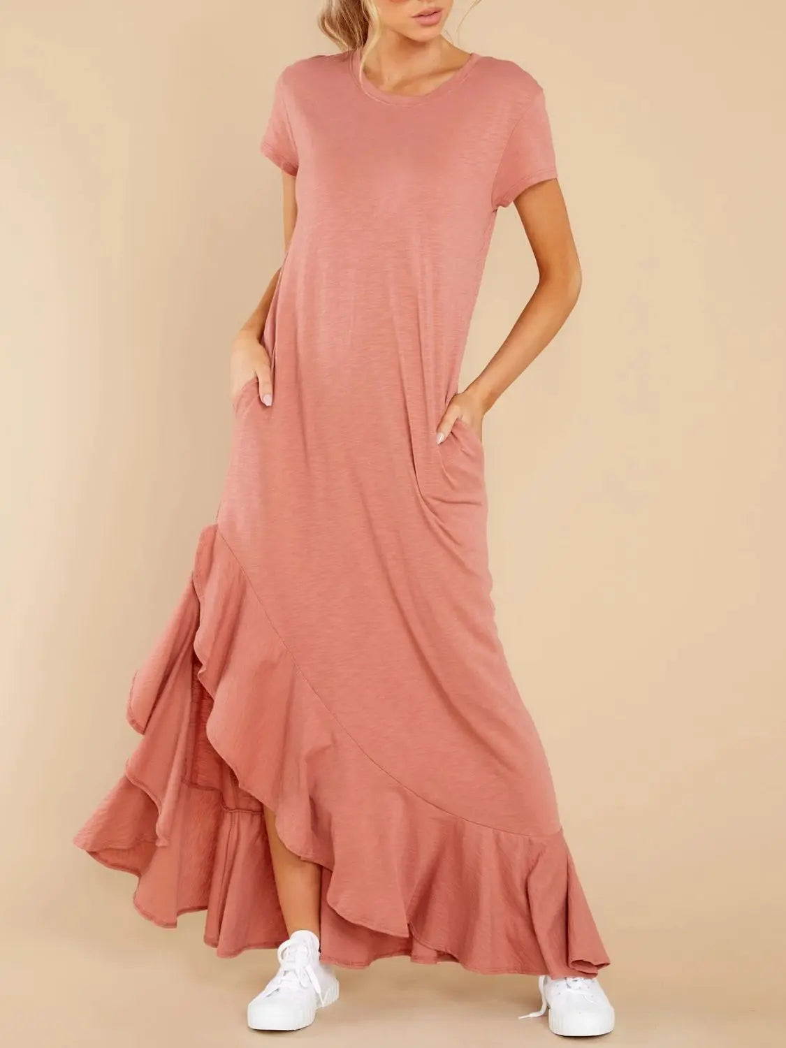 Slit Round Neck Short Sleeve Maxi Dress Trendsi