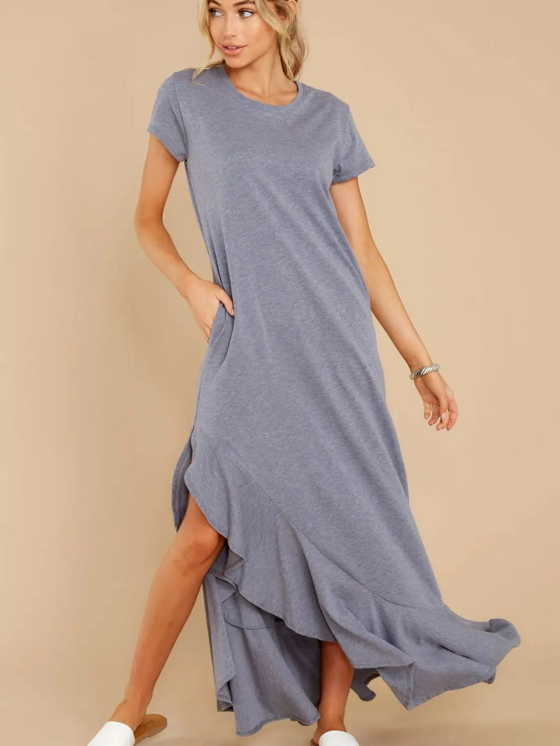 Slit Round Neck Short Sleeve Maxi Dress Trendsi