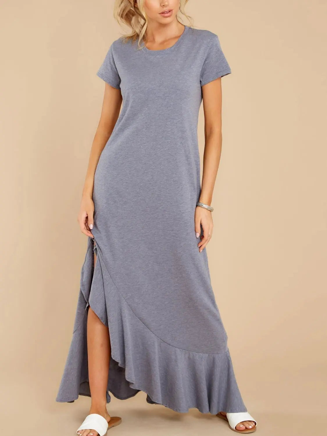 Slit Round Neck Short Sleeve Maxi Dress Trendsi