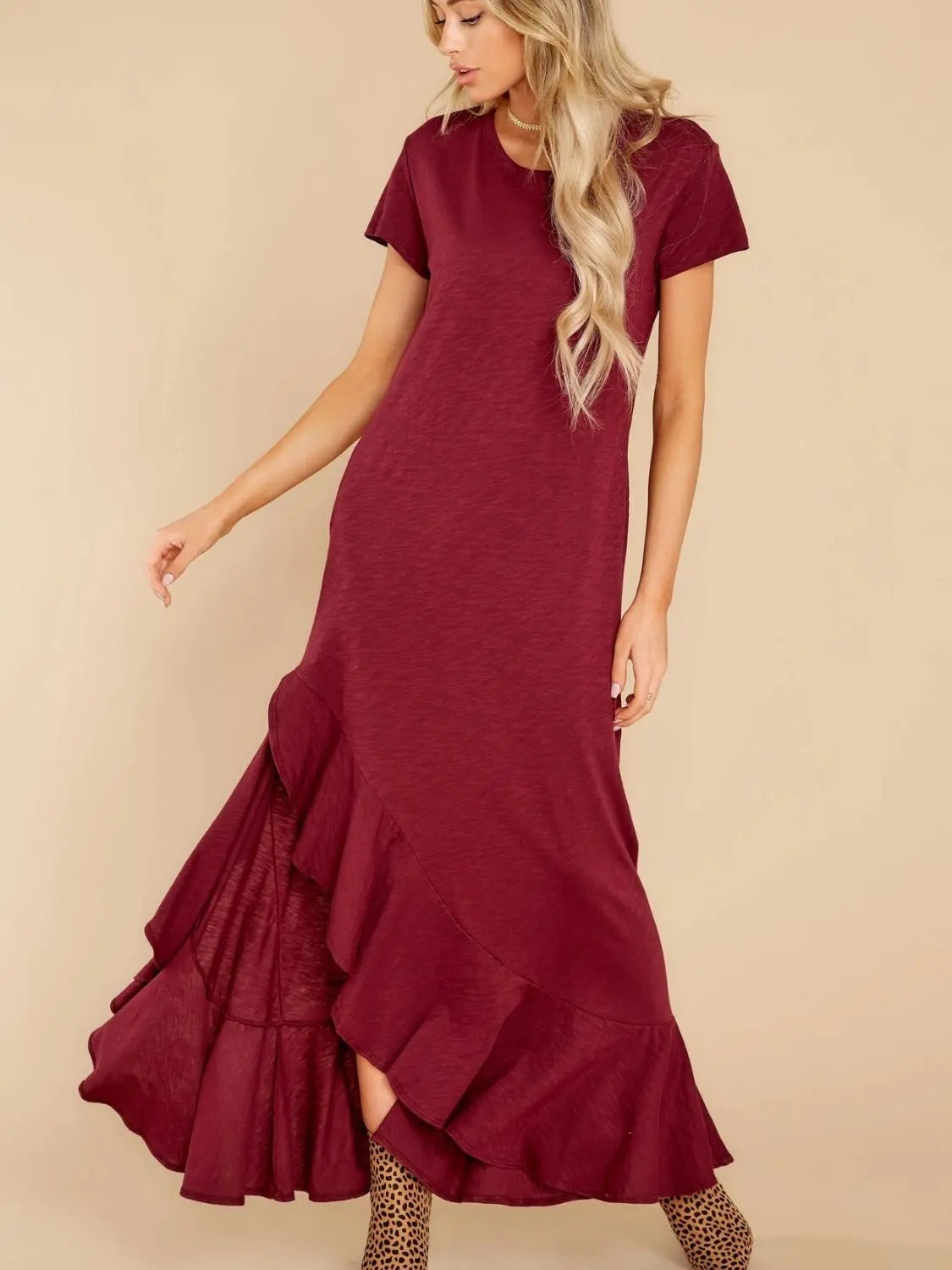 Slit Round Neck Short Sleeve Maxi Dress Trendsi