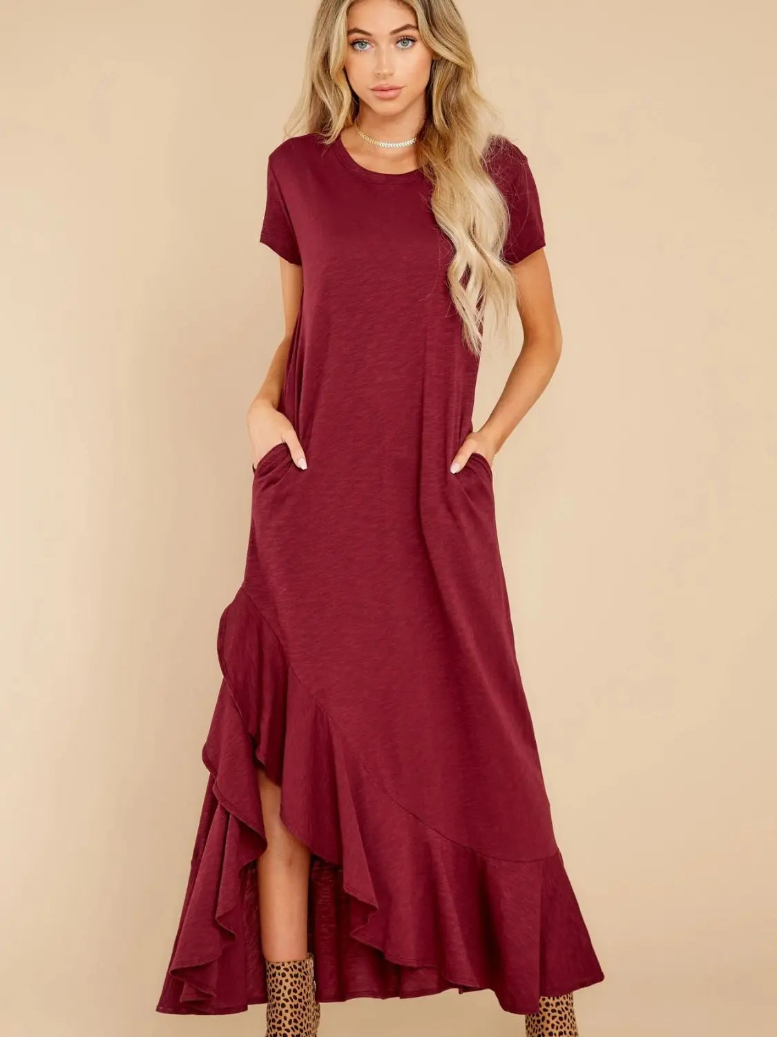 Slit Round Neck Short Sleeve Maxi Dress Trendsi