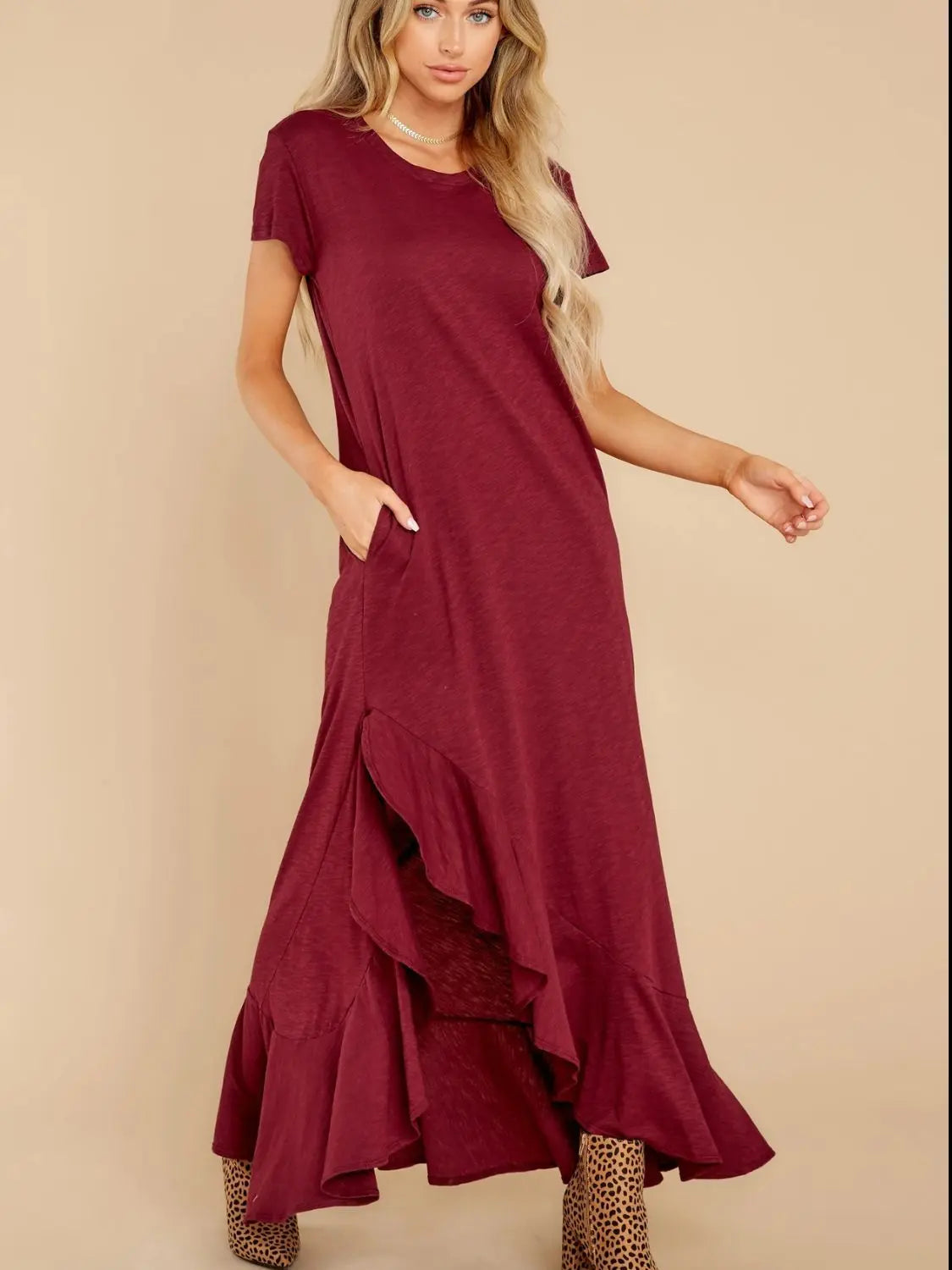 Slit Round Neck Short Sleeve Maxi Dress Trendsi