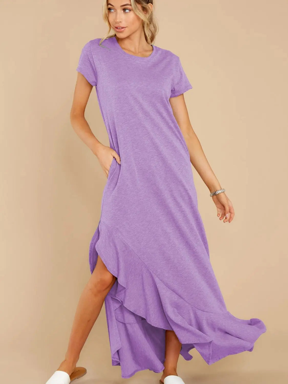 Slit Round Neck Short Sleeve Maxi Dress Trendsi