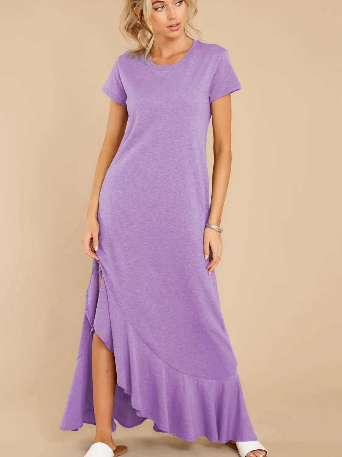 Slit Round Neck Short Sleeve Maxi Dress Trendsi