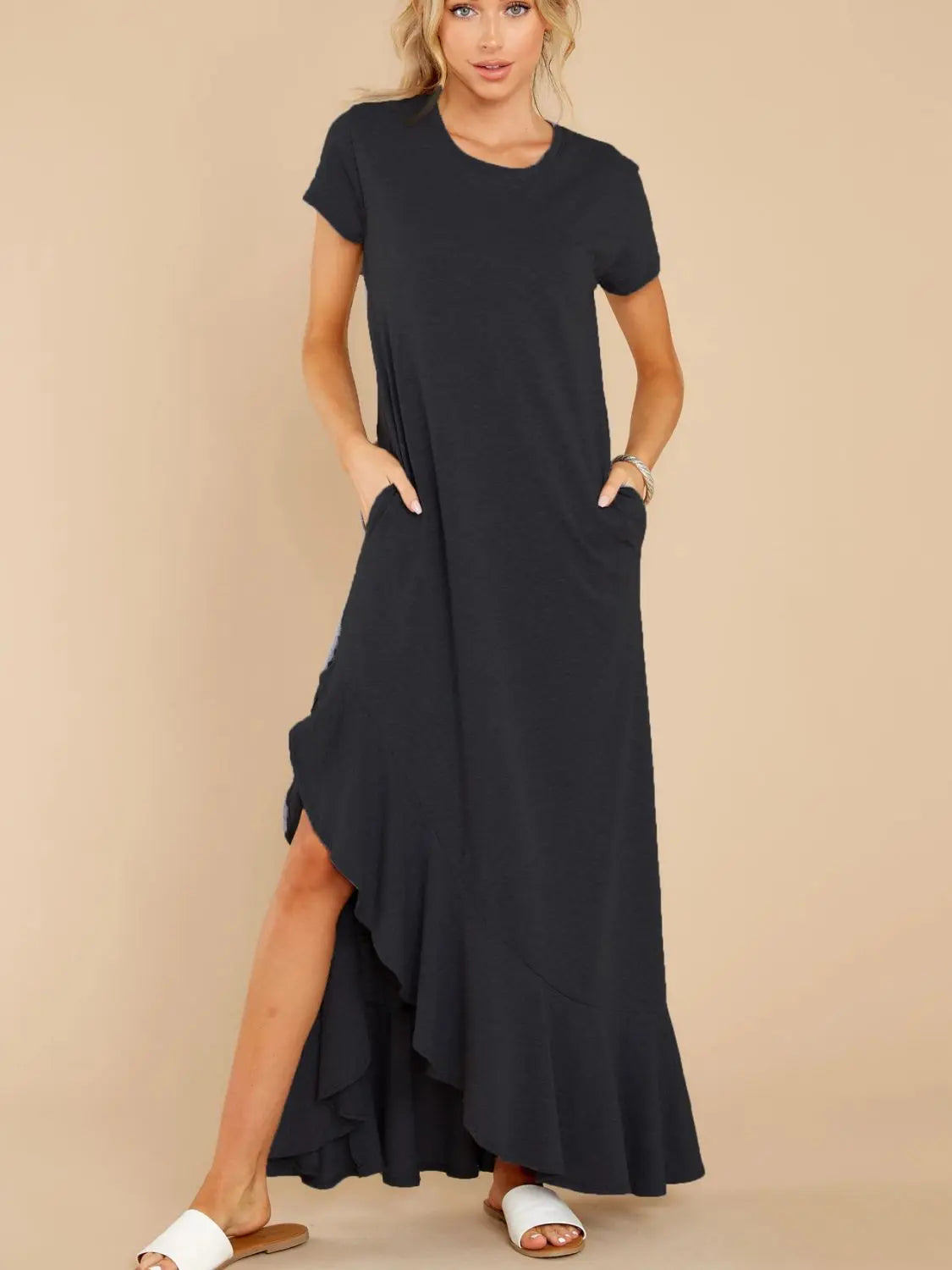 Slit Round Neck Short Sleeve Maxi Dress Trendsi