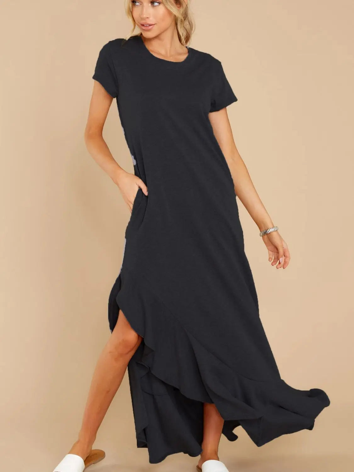 Slit Round Neck Short Sleeve Maxi Dress Trendsi