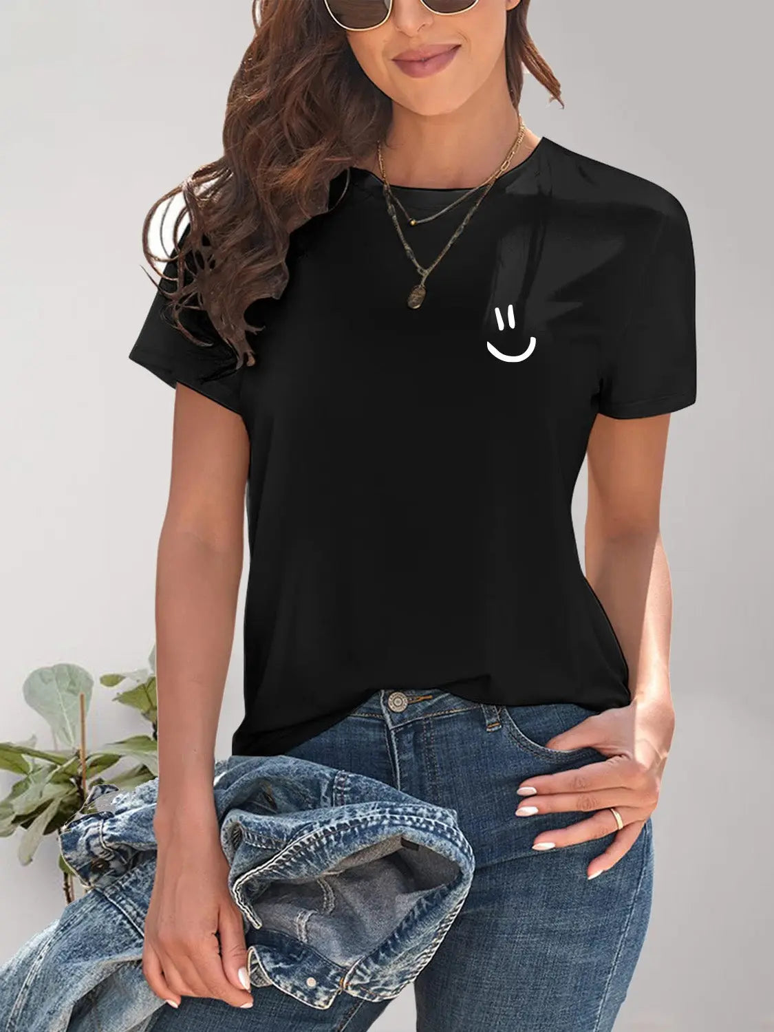 Smile Graphic Round Neck Short Sleeve T-Shirt Trendsi