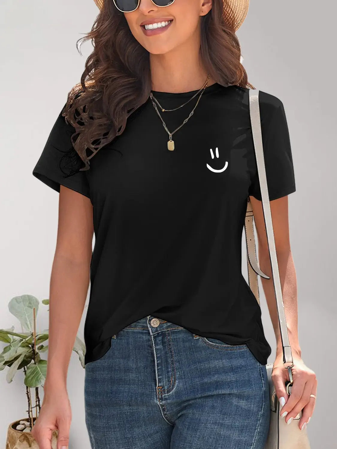 Smile Graphic Round Neck Short Sleeve T-Shirt Trendsi