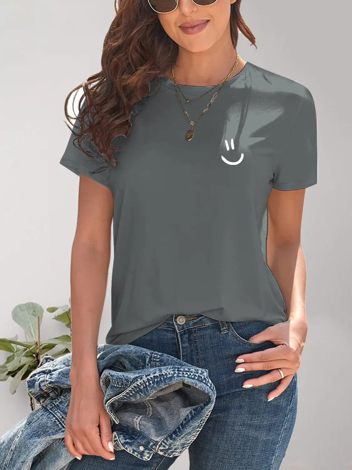 Smile Graphic Round Neck Short Sleeve T-Shirt Trendsi