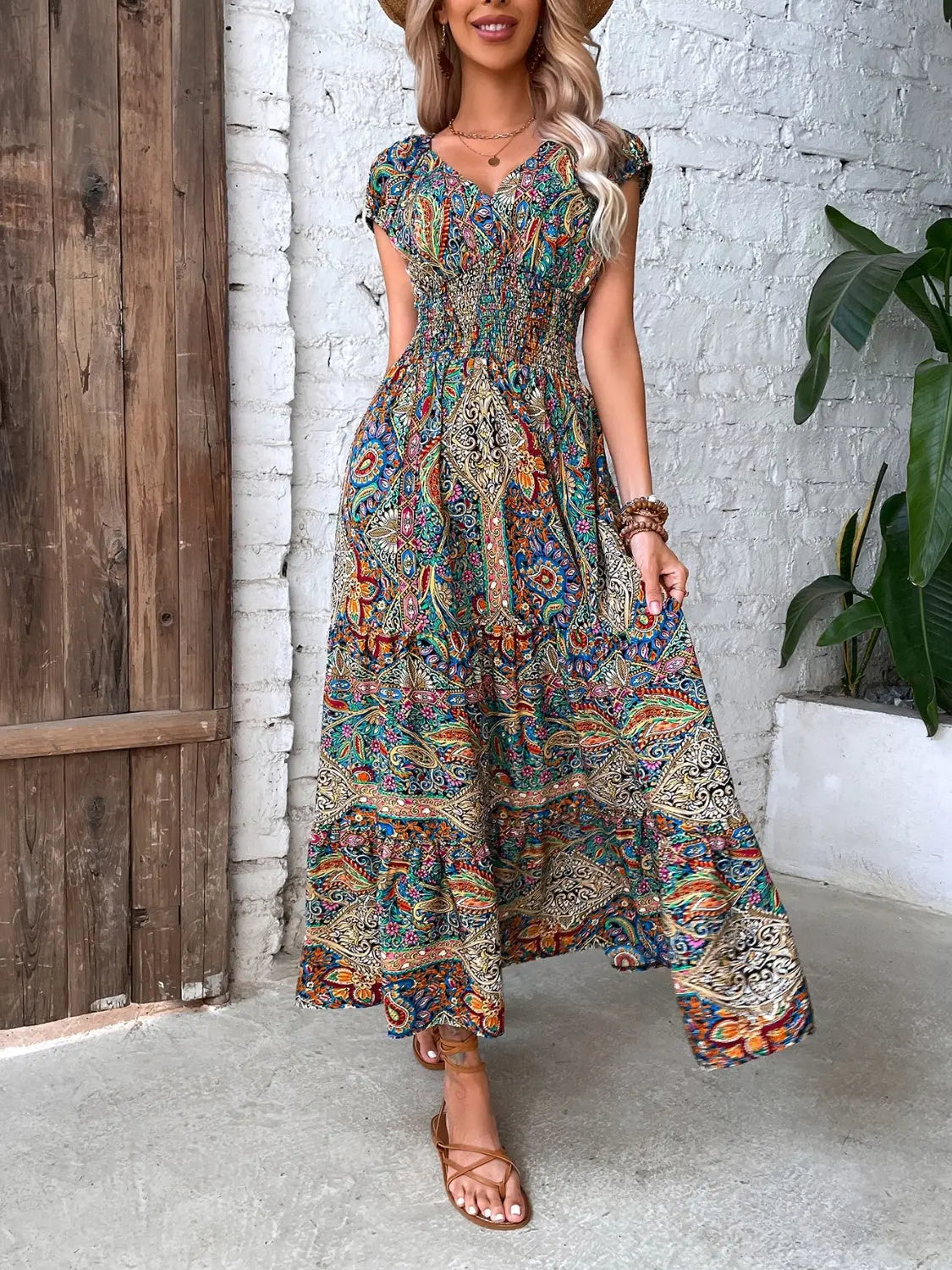 Smocked Printed Cap Sleeve Midi Dress Trendsi