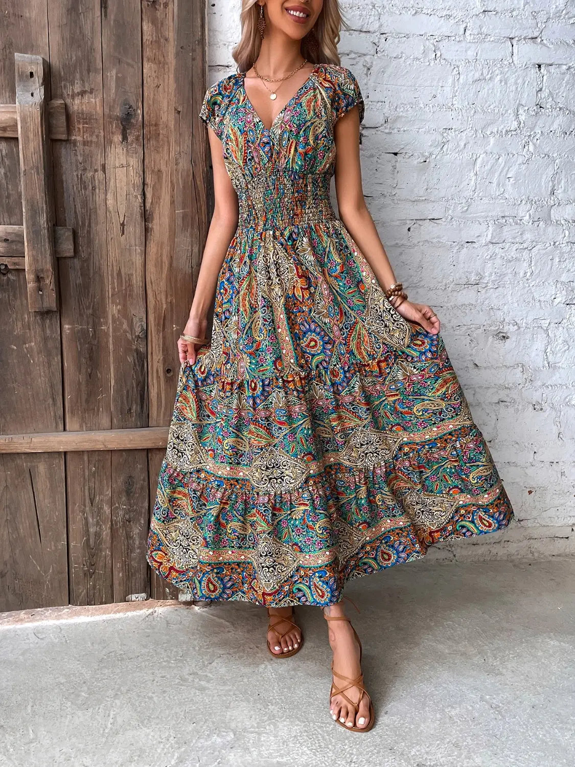 Smocked Printed Cap Sleeve Midi Dress Trendsi