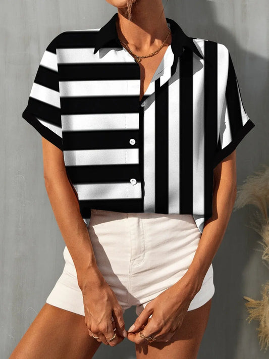 Striped Button Up Short Sleeve Shirt Trendsi