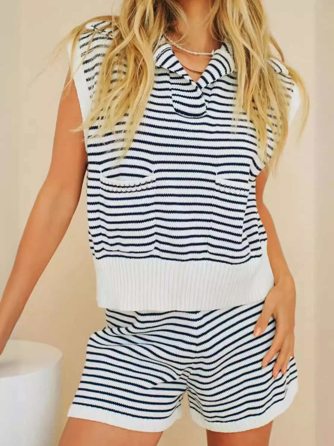 Striped Cap Sleeve Top and Shorts Sweater Set Trendsi