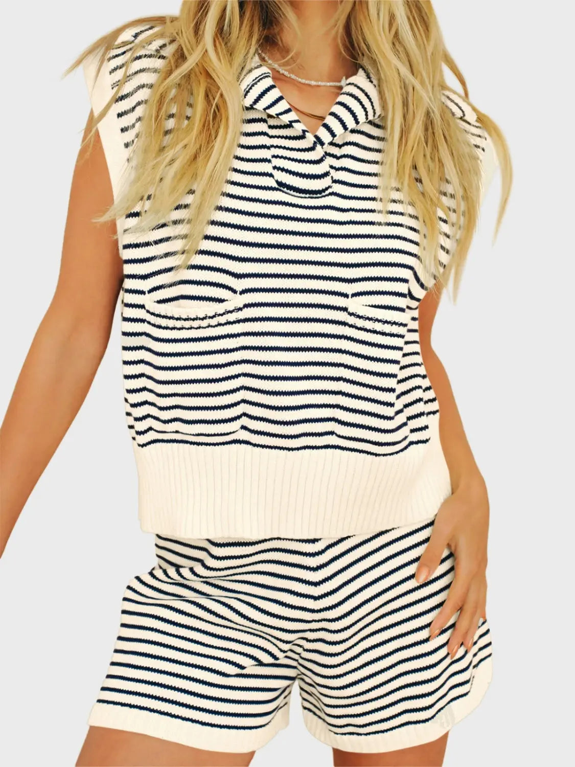 Striped Cap Sleeve Top and Shorts Sweater Set Trendsi