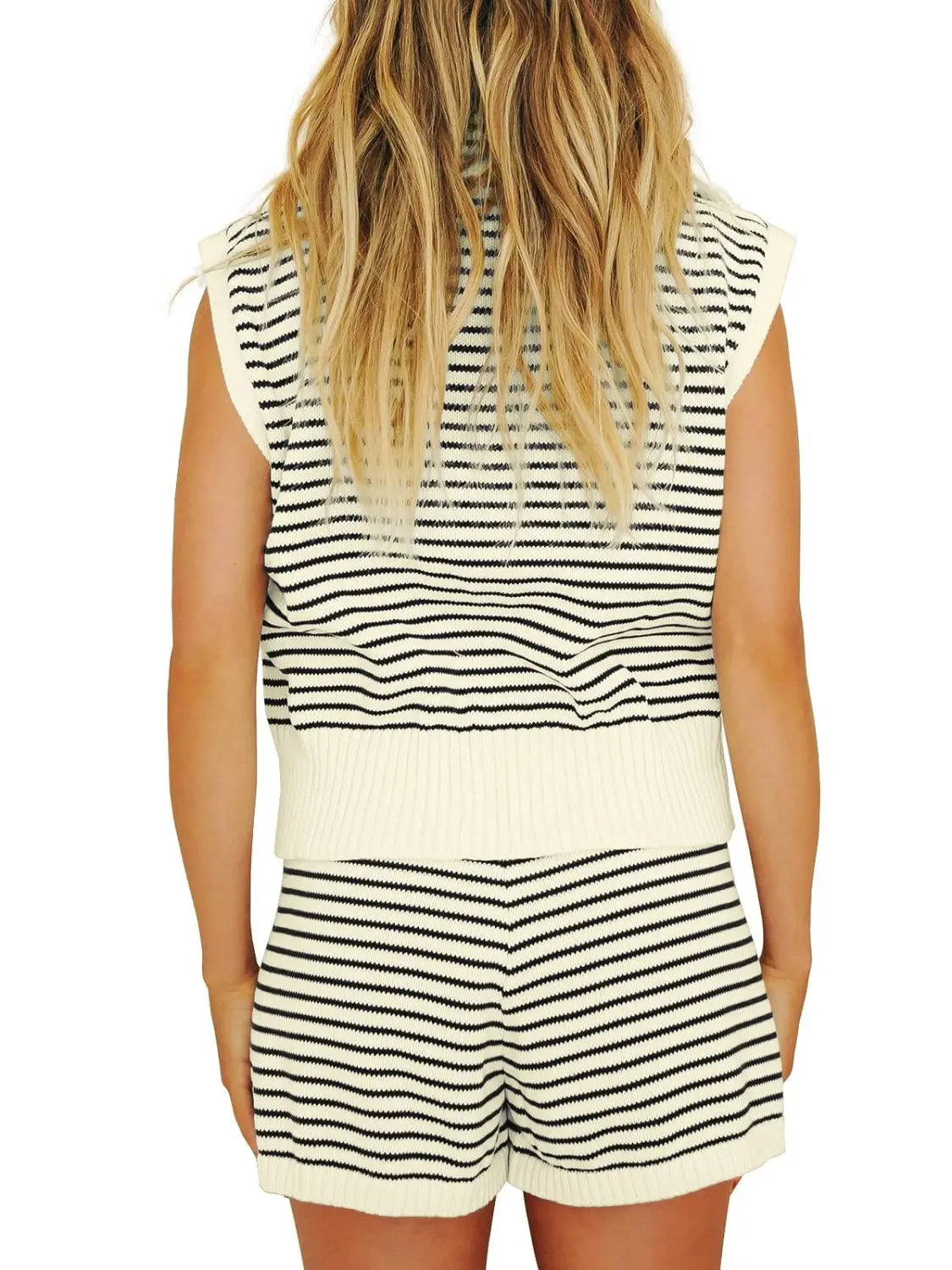 Striped Cap Sleeve Top and Shorts Sweater Set Trendsi