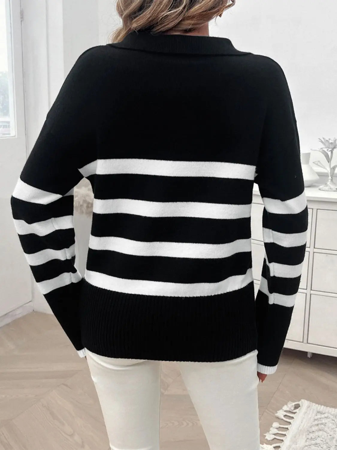 Striped Collared Neck Long Sleeve Sweater Trendsi