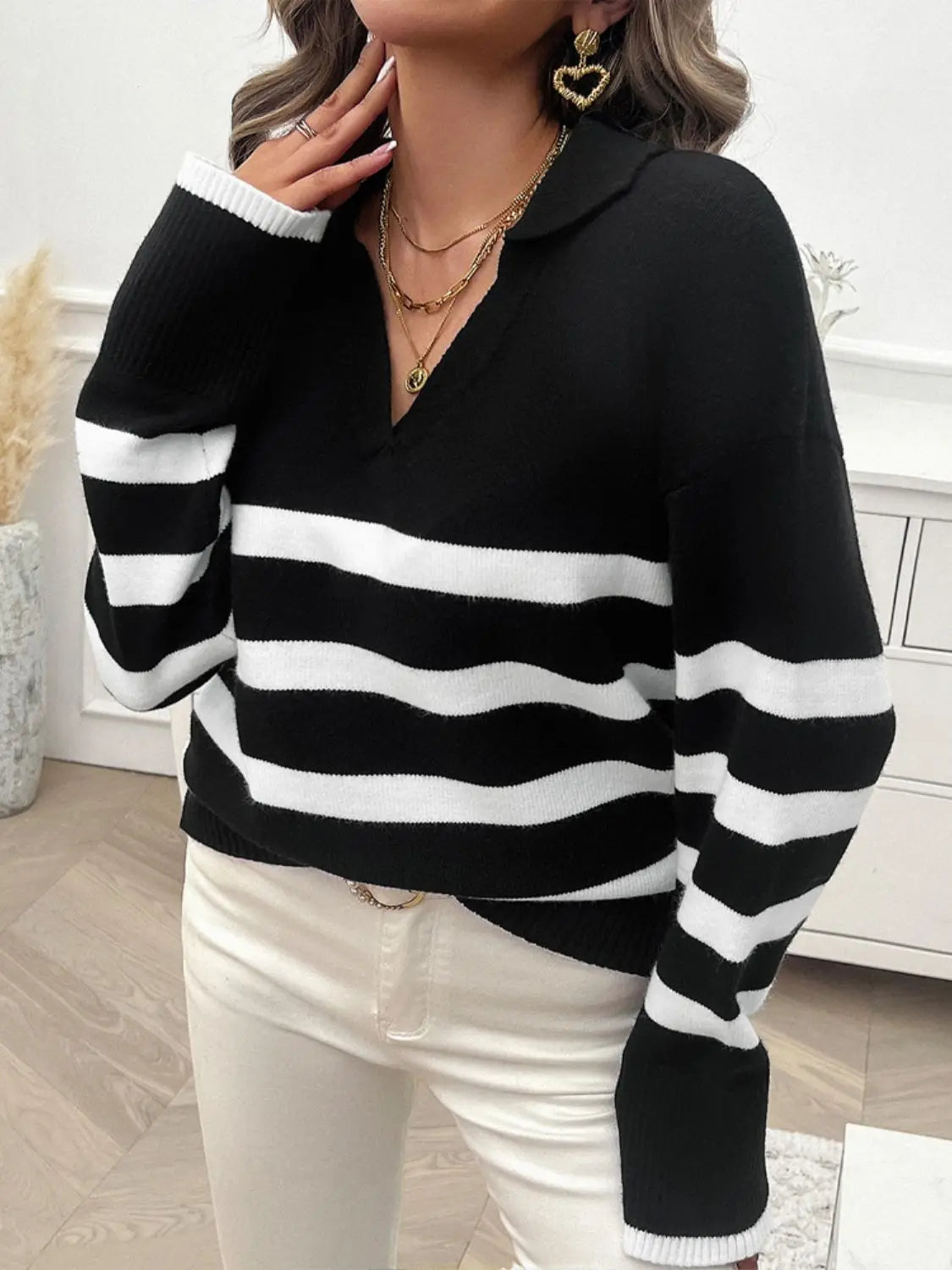 Striped Collared Neck Long Sleeve Sweater Trendsi