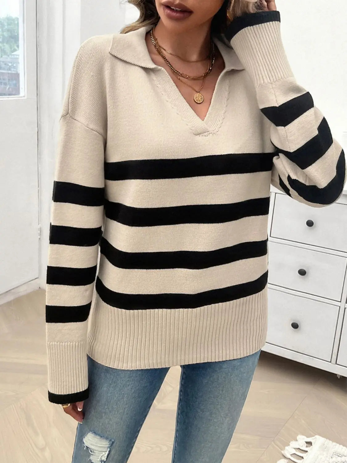 Striped Collared Neck Long Sleeve Sweater Trendsi