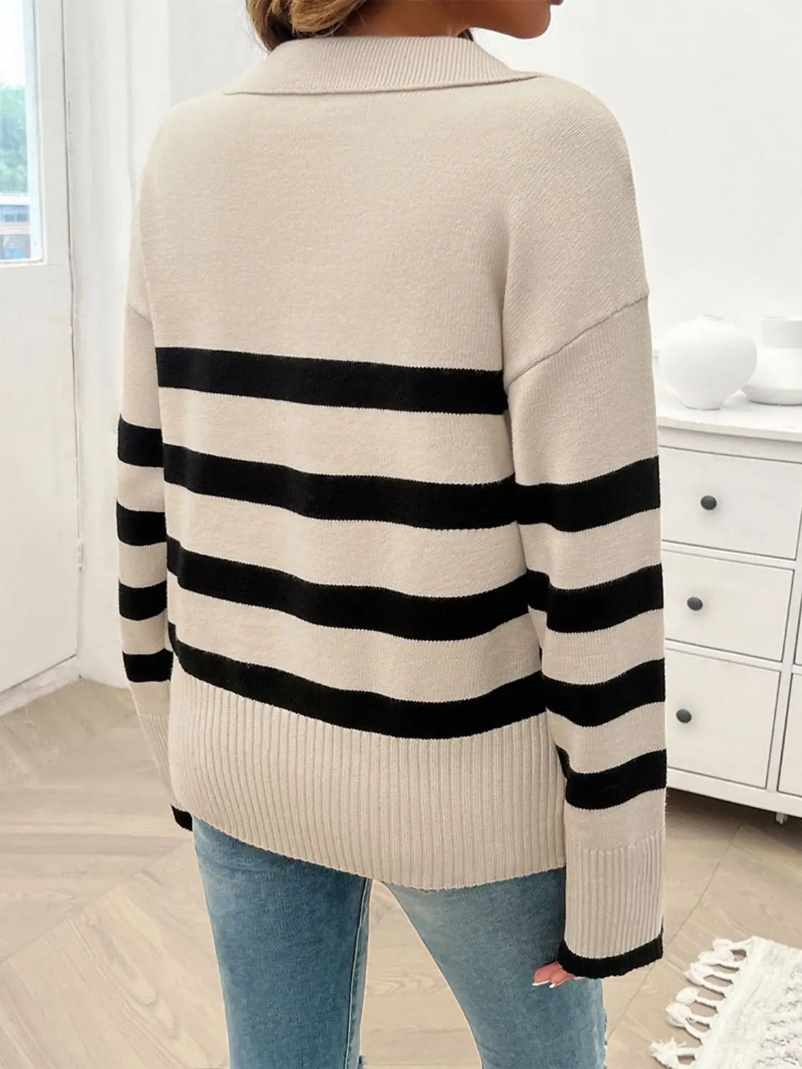 Striped Collared Neck Long Sleeve Sweater Trendsi