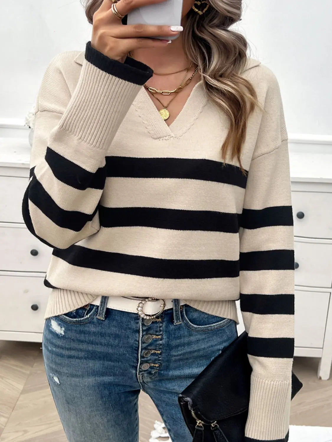 Striped Collared Neck Long Sleeve Sweater Trendsi