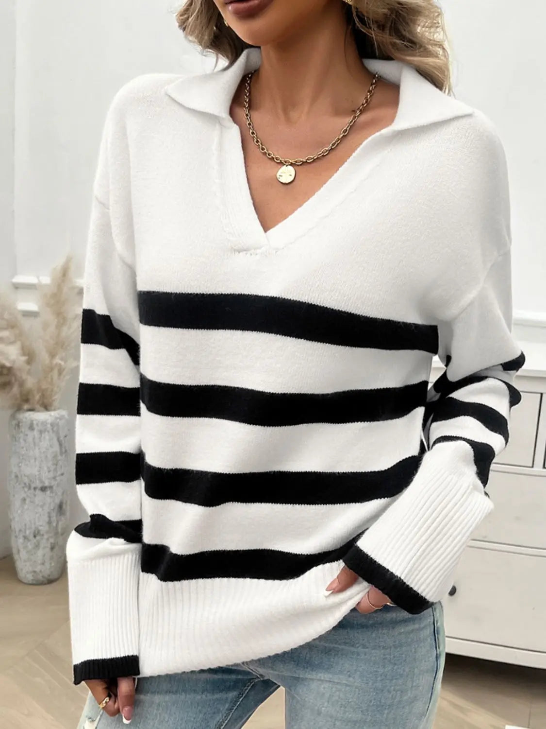 Striped Collared Neck Long Sleeve Sweater Trendsi