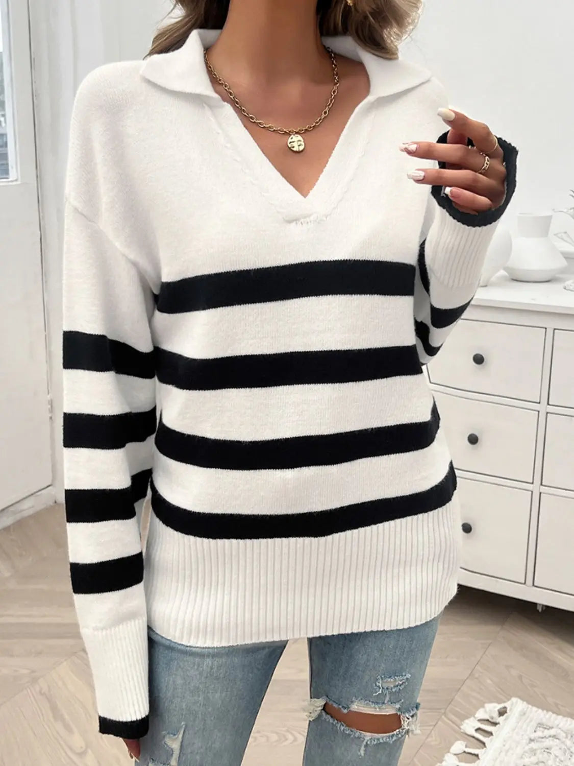 Striped Collared Neck Long Sleeve Sweater Trendsi