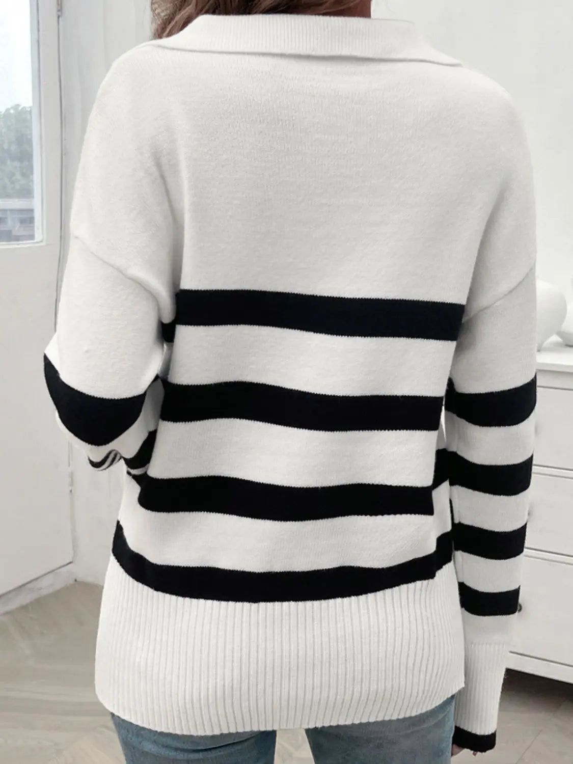 Striped Collared Neck Long Sleeve Sweater Trendsi