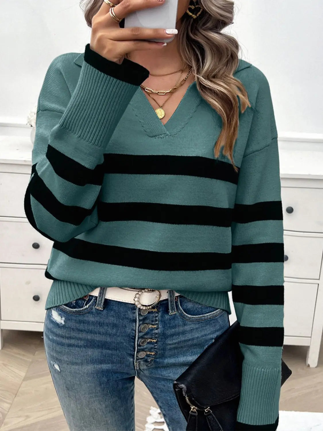 Striped Collared Neck Long Sleeve Sweater Trendsi