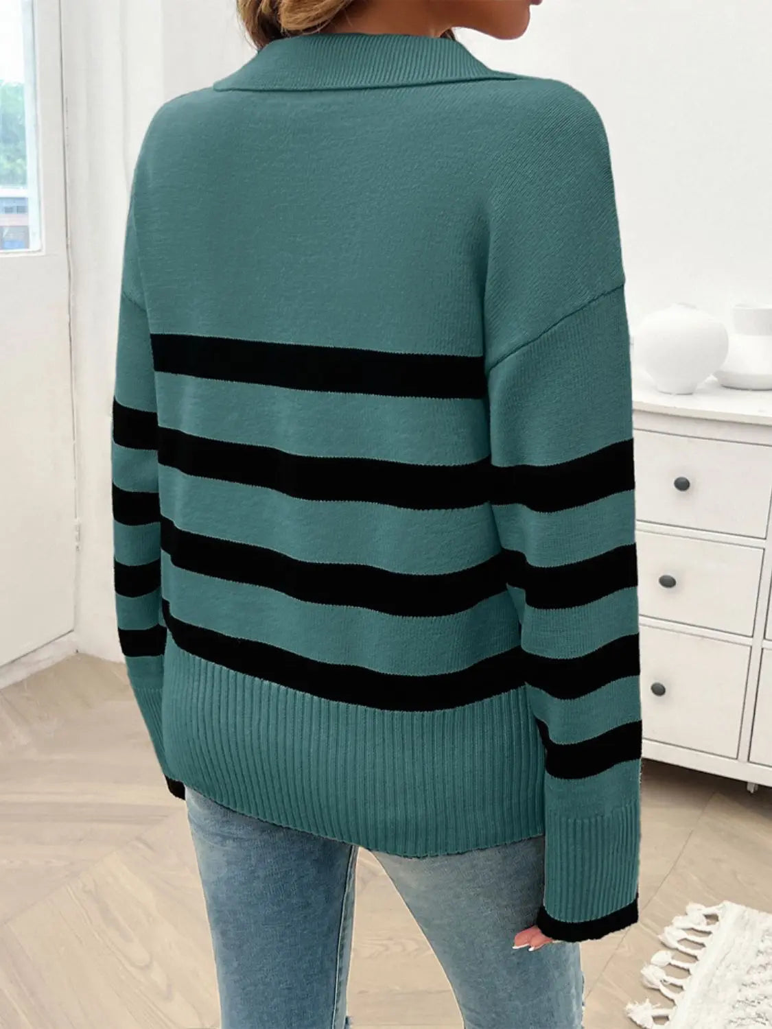 Striped Collared Neck Long Sleeve Sweater Trendsi