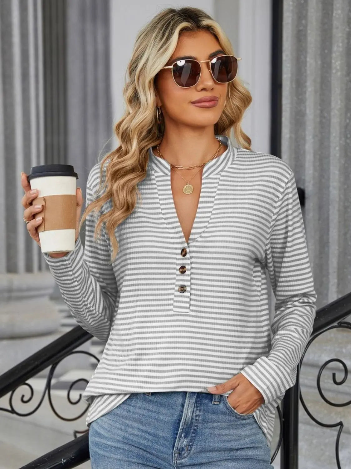 Striped Notched Long Sleeve T-Shirt Trendsi