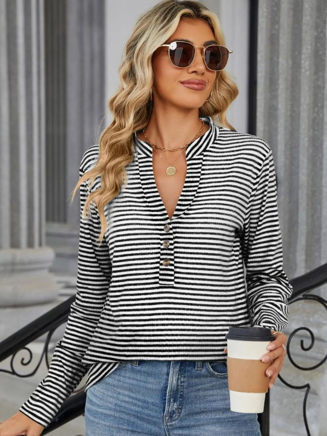 Striped Notched Long Sleeve T-Shirt Trendsi