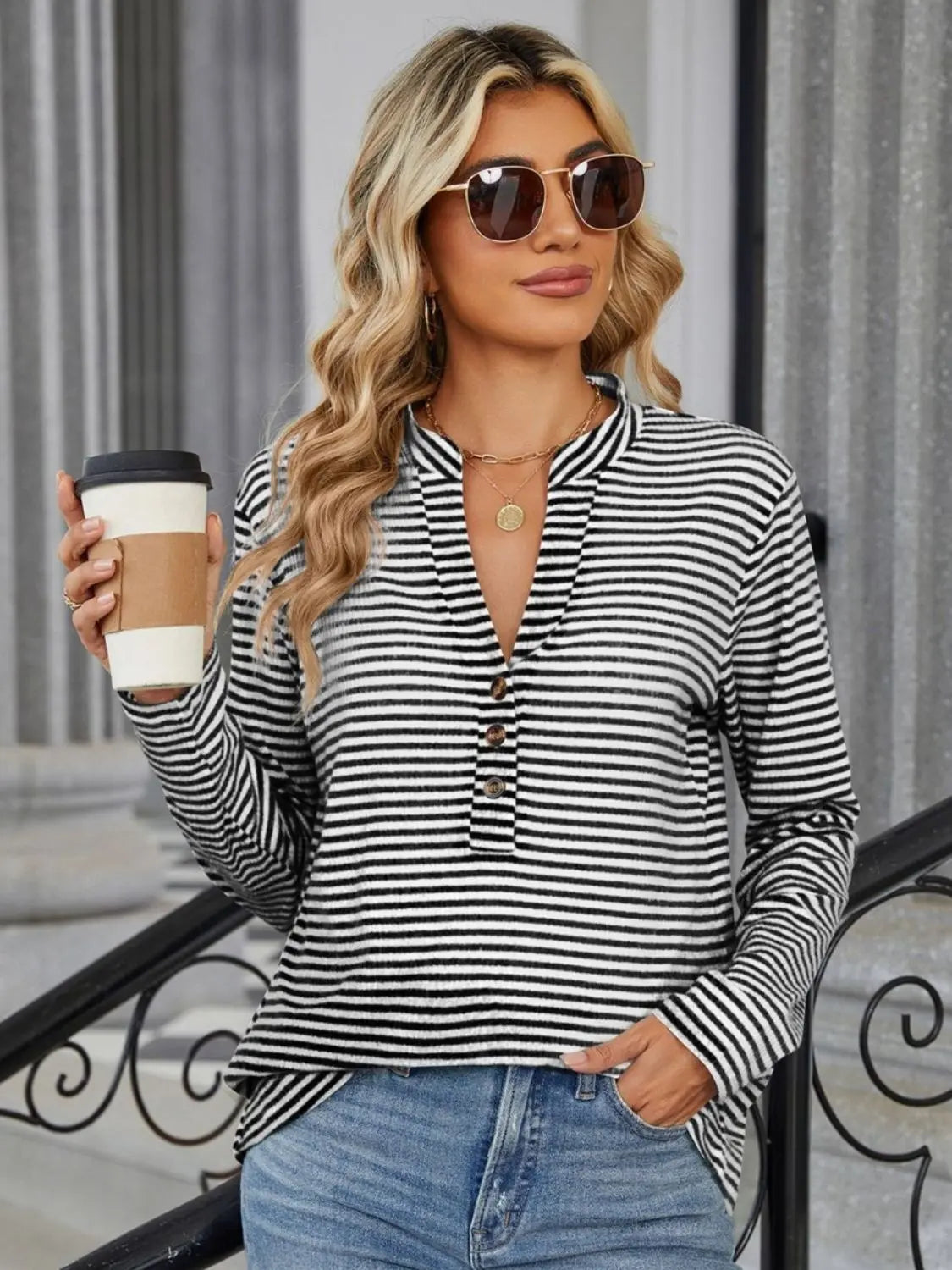 Striped Notched Long Sleeve T-Shirt Trendsi